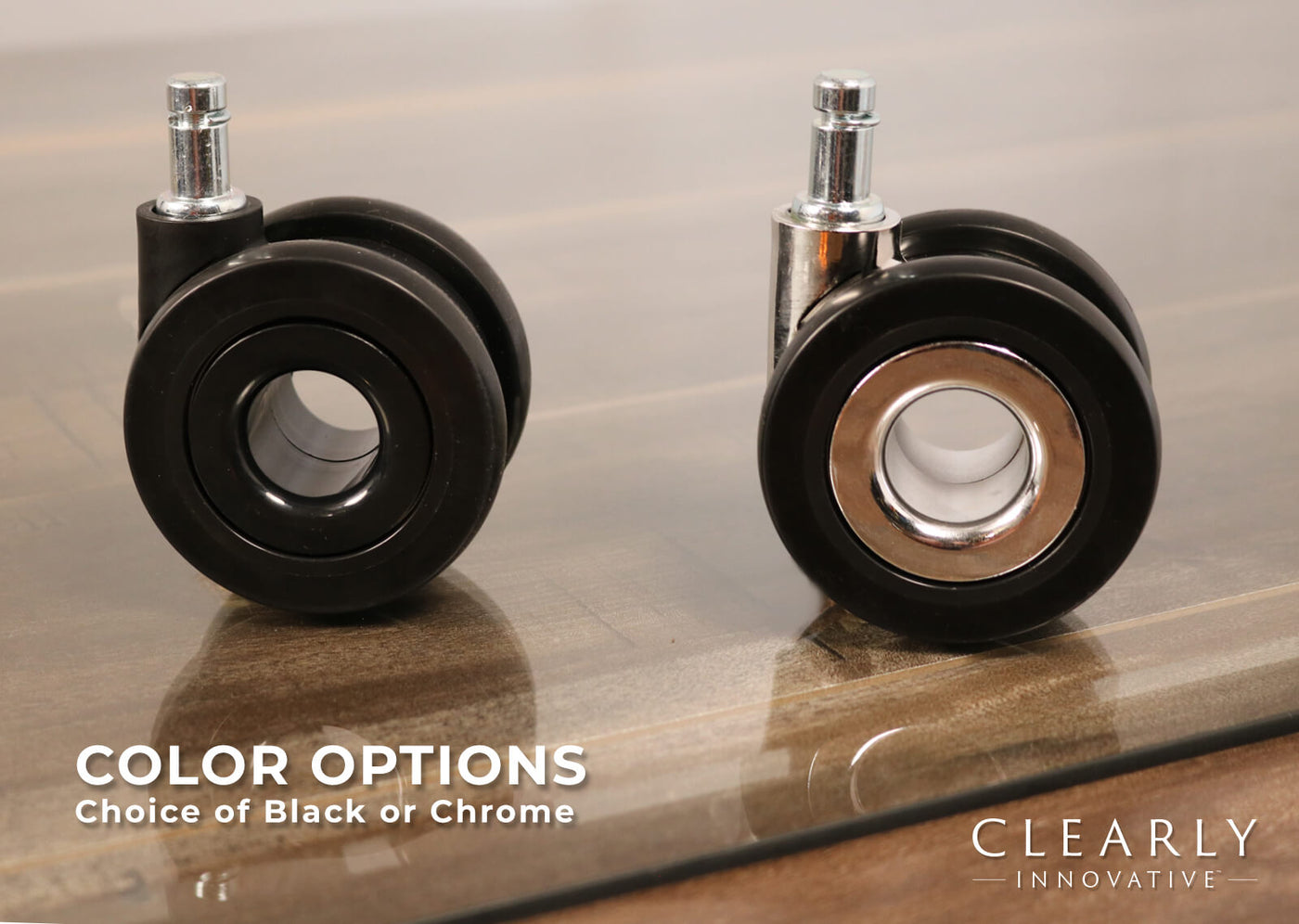 Stealth Desk Chair Casters come in Black or Chrome