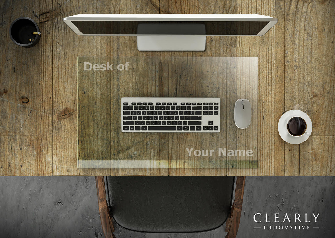 "Desk of" and "Your Name" will be customized in the same font